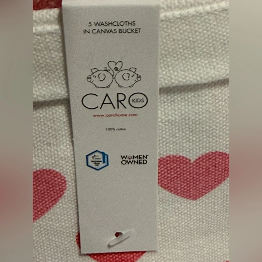 Caro Pink Set of 5 Solid Pink Washcloths in Canvas Tote With Hearts - NWT